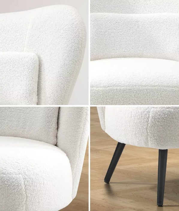 Boucle Armchair Lounge Chair with Lumbar Pillow Sofa Seat (White)