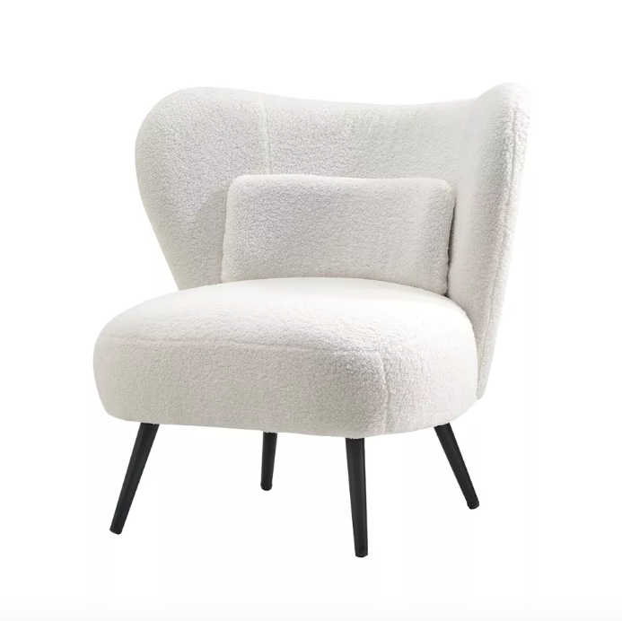 Boucle Armchair Lounge Chair with Lumbar Pillow Sofa Seat (White)