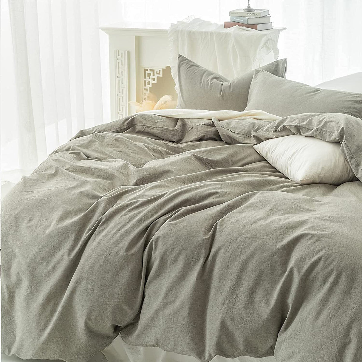 Washed Cotton Duvet Cover Set Bedding Quilt Doona with Pillow Case (Olive Green) (Queen)