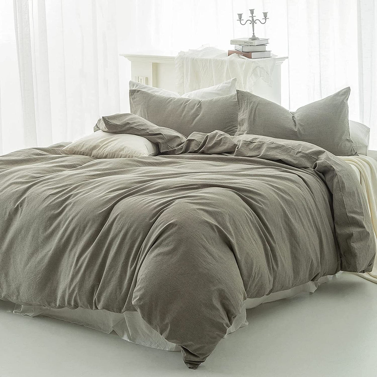 Washed Cotton Duvet Cover Set Bedding Quilt Doona with Pillow Case (Olive Green) (Queen)