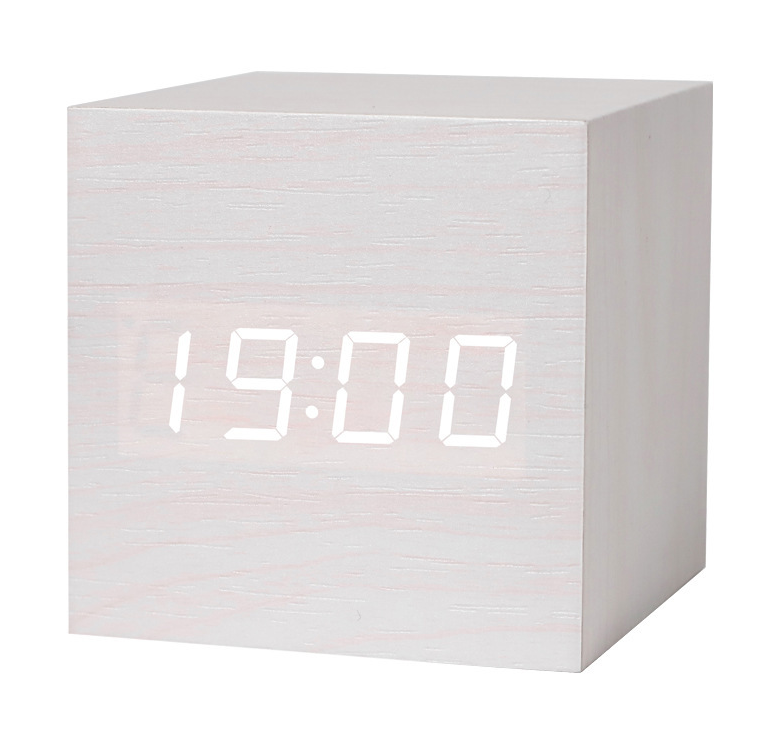 Wireless Digital Alarm Clock LED Display Cube (White Wood)