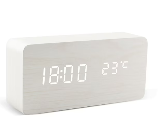 Wireless Digital Alarm Clock LED Display Rectangle (White Wood)