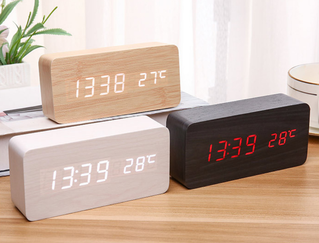 Wireless Digital Alarm Clock LED Display Rectangle (White Wood)