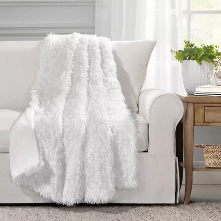 Lucia Sherpa Faux Fur Blanket Luxury Warm Fluffy 120cm Bed Couch Pure White Sofa Throw