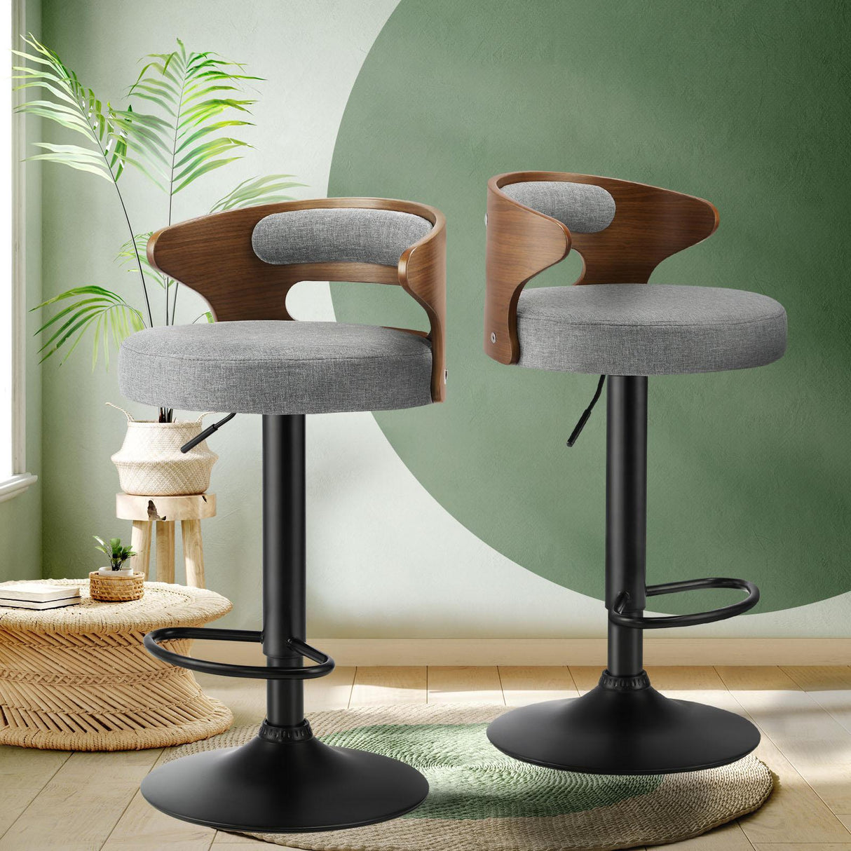 Wooden Grey Fabric Bar Stool Swivel Dining Counter Chairs With Padded Cushion (2 Set)