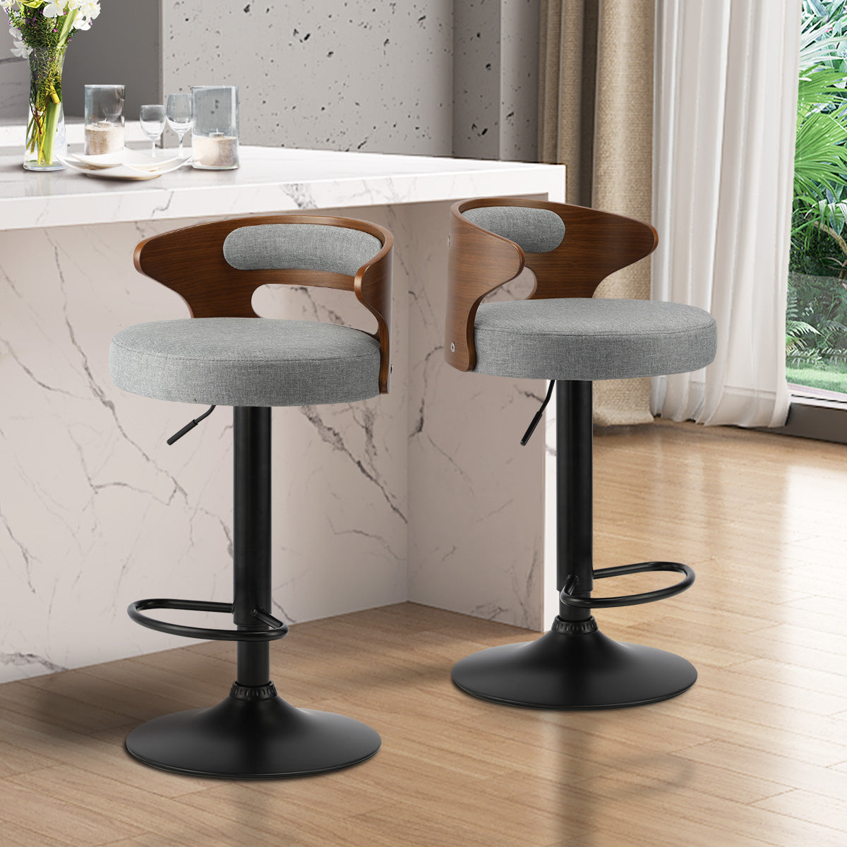 Wooden Grey Fabric Bar Stool Swivel Dining Counter Chairs With Padded Cushion (2 Set)