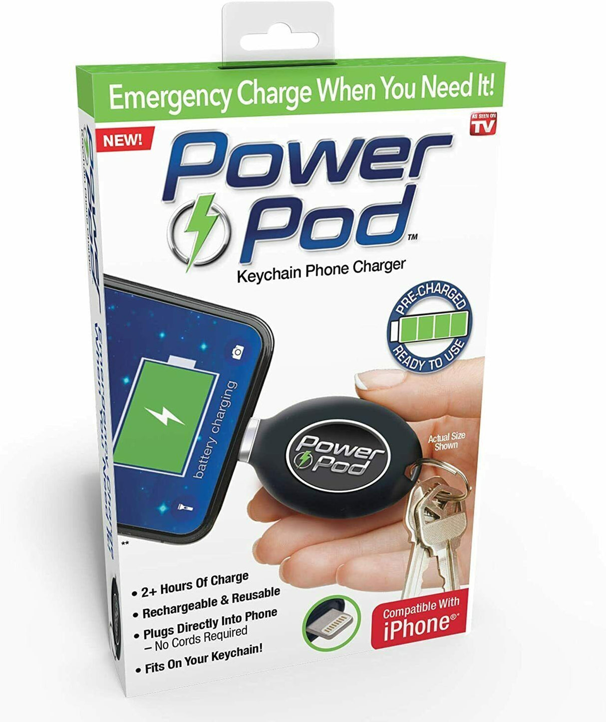 Power Pod Keychain Handy Phone Charger Portable Emergency Battery Saver (Lightning Cable)