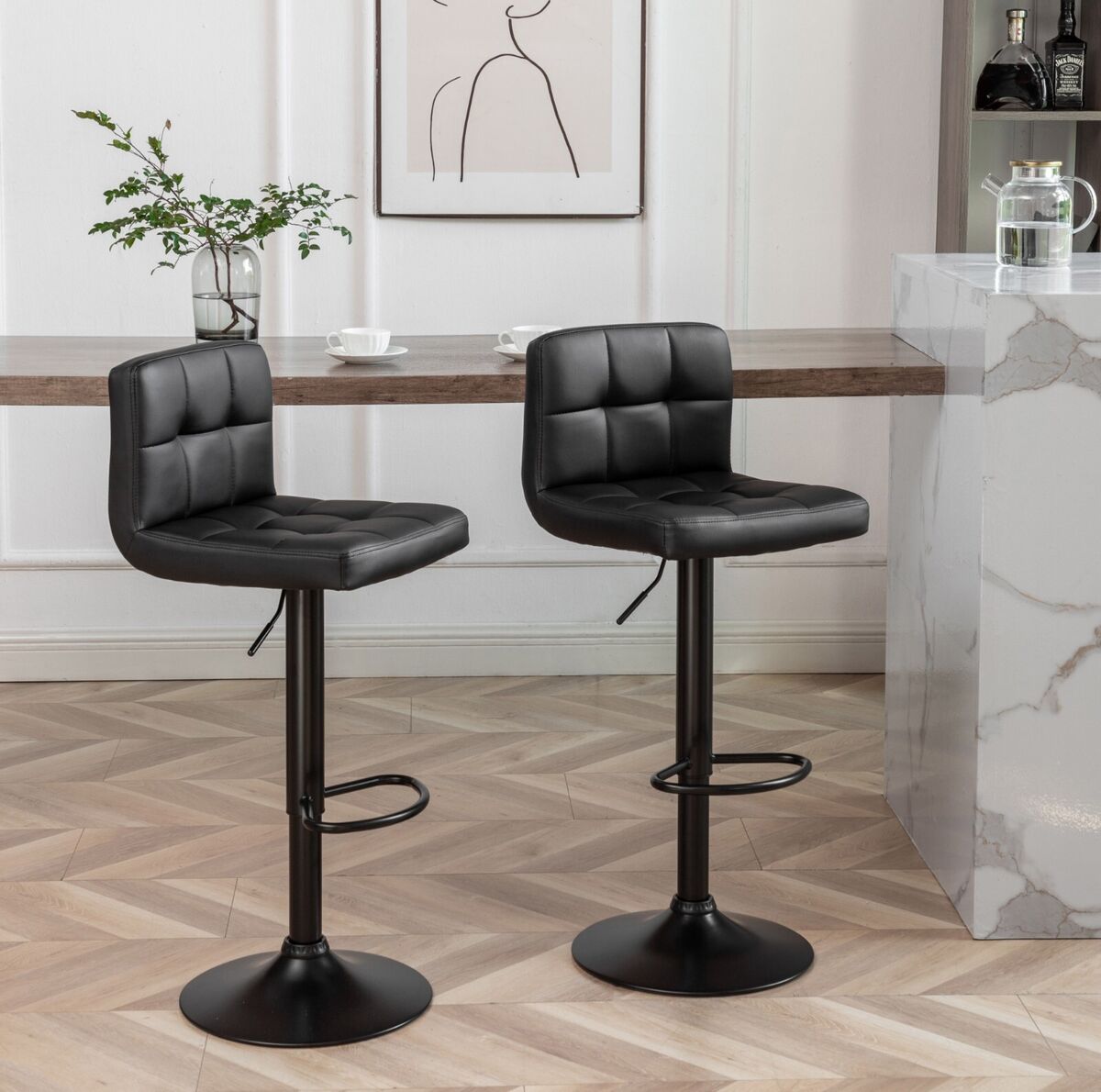 Black Leather Swivel Bar Stools Kitchen Counter Seats With Back (2 set)