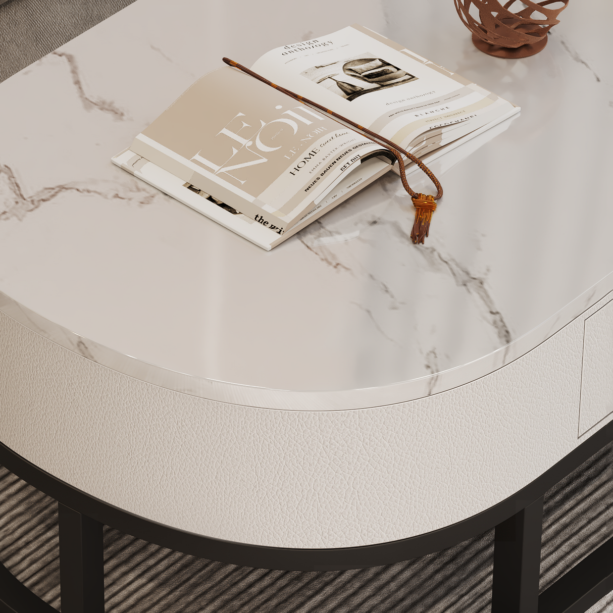 Monaco Marble Coffee Table Set Gloss Finish With Storage Drawer (White & Black)