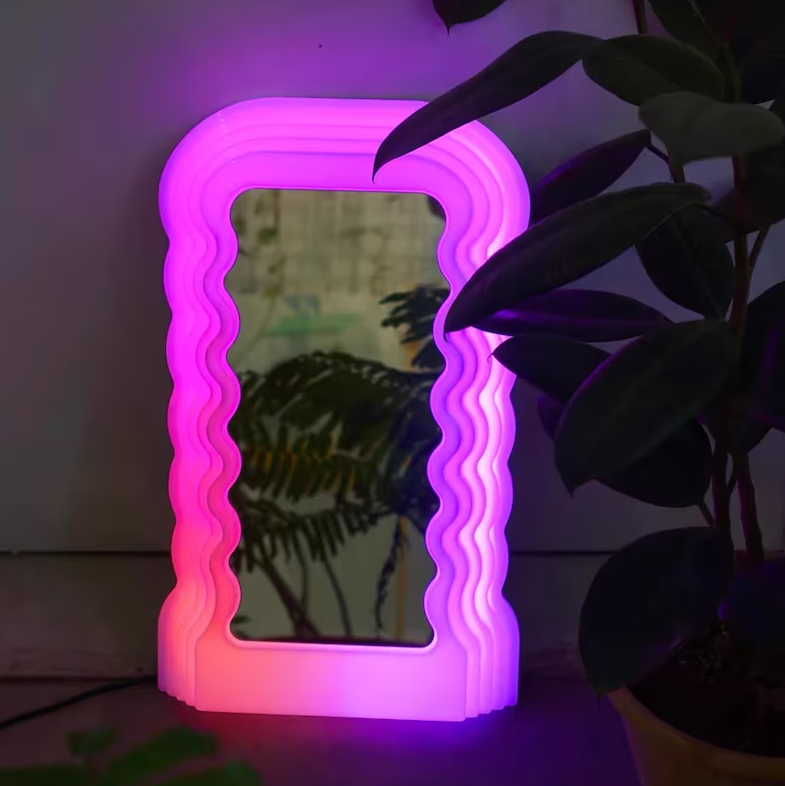 Wavy LED Neon Mirror Squiggle Light Up Standing Vanity Mirror With Remote